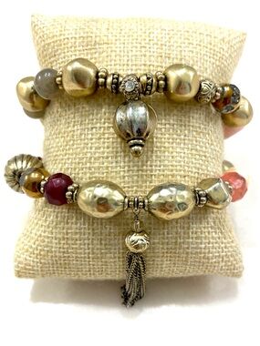 Gold-Tone Beaded Stretch Bracelet Set with Red Accent and Tassel
